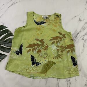 Citron Womens Silk Shell Tank Top Size L Green Yellow Butterfly Floral Scoop